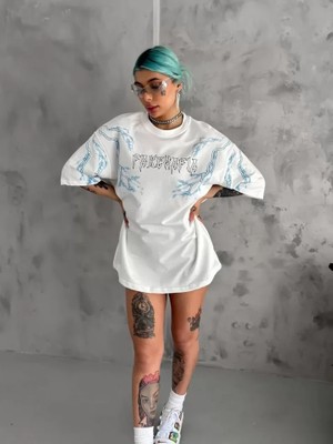 Pomeya  Unisex Bisiklet Yaka Baskılı Oversize T-Shirt - Beyaz