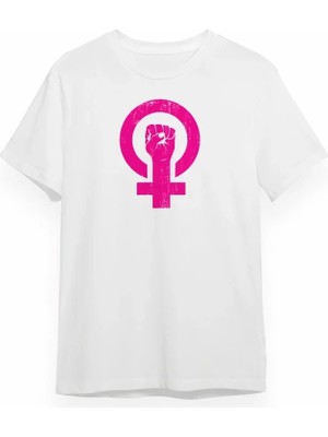 Pomeya  8 Mart Dünya Kadınlar Günü Baskılı Oversize Bisiklet Yaka T-Shirt - Beyaz
