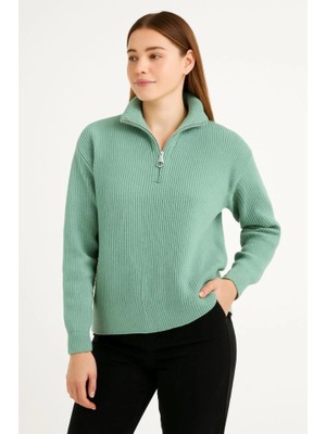 Pomeya  Kadın Yarım Fermuarlı Triko Kazak – Selanik Örgü, Dik Yaka, Pamuklu Dokuma, Oversize Uzun Kollu Kışlık Model - Mint Yeşili