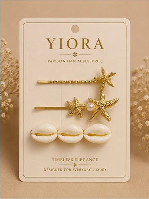 Yiora Premium Seri 3lü Kadın Yan Toka Deniz Kabuğu Inci Detaylı Parlak Altın/gold Renk Yan Toka 7-8 cm