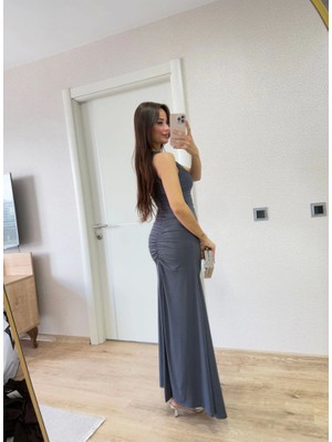 Pomeya  Kolsuz Büzgülü Uzun Elbise - Füme