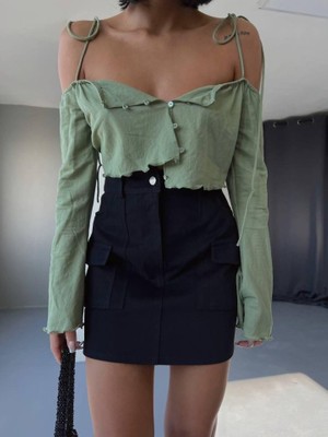 Pomeya  Gabardin Kısa Etek Cep Detaylı - Siyah