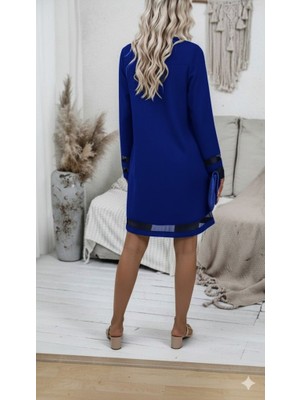 Pomeya  Kadın Uzun Kollu V Yakalı Tül Şerit Detaylı Mini Krep Elbise