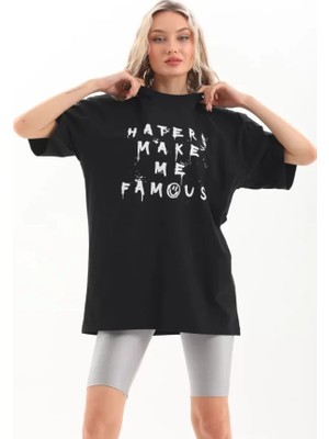 Pomeya  Unisex Baskılı Oversize T-Shirt - Siyah