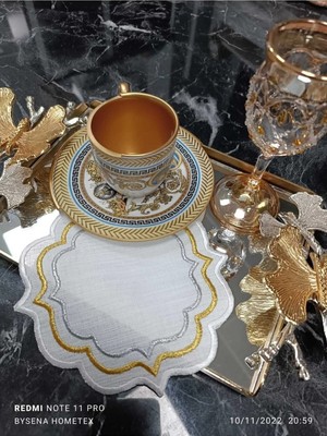 Lasetu Ekru Gold ve Gümüş Detaylı Kokteyl Peçetesi ve Kahve Yanı Sunum Peçetesi 6 Adet