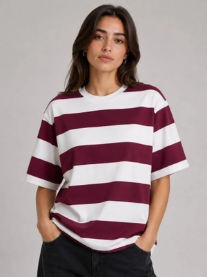 Pomeya  Çizgili Oversize Tişört Bisiklet Yaka Kısa Kol Yazlık T-Shirt - Bordo