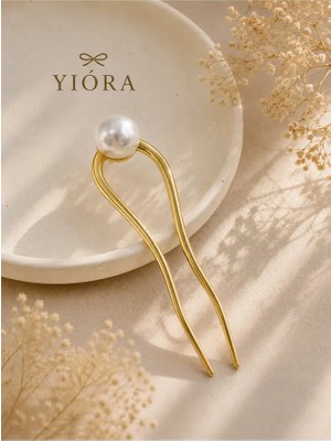Yiora Premium Seri Inci Detaylı Parlak Metal Japon Çubuk Saç Gold Topuz Tokası 11-12 cm