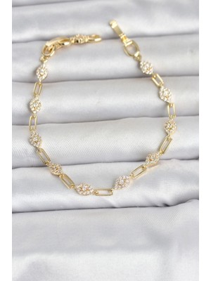 Sylar Gold Renk Zirkon Taşlı Ataç Zincir Model Kadın Bileklik