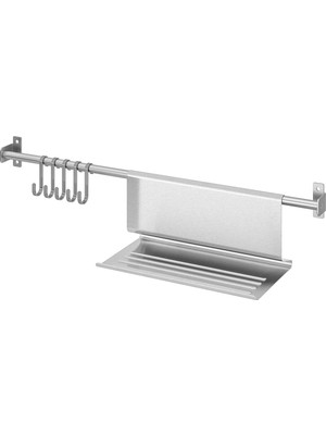IKEA Kungsfors Duvar Rayı, Paslanmaz Çelik, 56 Cm, 5 Kancalı ve Tablet Standlı