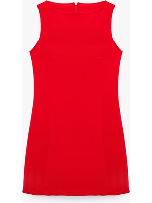 Koton Krep Scuba Kumaş Slim Fit Yuvarlak Kayık Yaka Kolsuz Mini Elbise