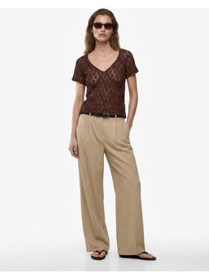 Koton Slim Fit Yarı Transparan Kısa Kollu V Yaka Dantel Tişört
