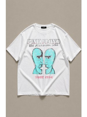Fuddy Moda Unisex The Division Bell Tour 1994 Ense Baskılı Tişört, Oversize Pink Floyd Temalı T-Shirt