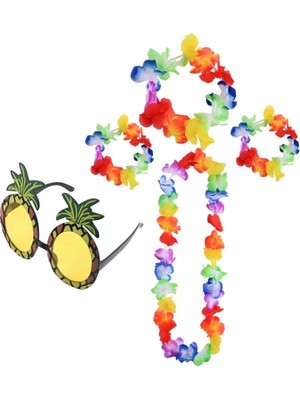 Aslanoğlu Store Mey Ithalat® Renkli Ananas Gözlük, Taç, Kolye ve Bileklik Seti