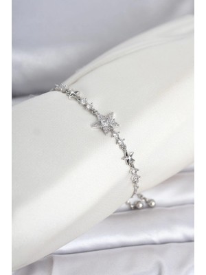 Sylar Mey Ithalat® Gümüş Renk Pirinç Yıldız Model Asansörlü Kadın Bileklik