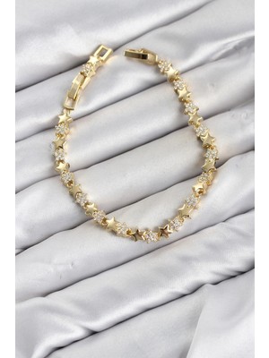 TKÇ Mey Ithalat® cm Yıldız Model Zirkon Taşlı Vıp Seri Gold Renk Pirinç Kadın Bileklik