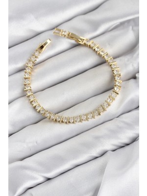 TKÇ Mey Ithalat® cm Şerit Model Zirkon Taşlı Vıp Seri Gold Renk Pirinç Kadın Bileklik