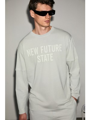 Grimelange Flam Erkek %100 Organik Pamuklu Yıkamalı Baskı Detaylı Uzun Kollu Taş Rengi T-Shirt