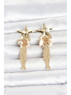 Sylar Deniz Yıldızı ve Balık Detaylı Krem Taşlı Gold Renk Kadın Küpe