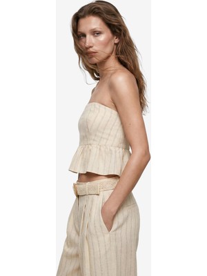 Koton Koton x Melis Ağazat - Slim Fit Keten Karışımlı Fırfırlı Çizgili Straplez Crop Korse Büstiyer