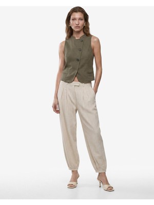 Koton Slim Fit Mandarin Yaka Asimetrik Düğmeli Keten Yelek