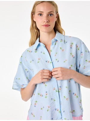 Koton Desenli Rahat Kalıp Kısa Kollu Gömlek Yaka Viskon Pijama Üstü