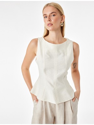 Koton Viskon Kumaş Floral Dokulu Kolsuz Bisiklet Yaka Peplum Bluz