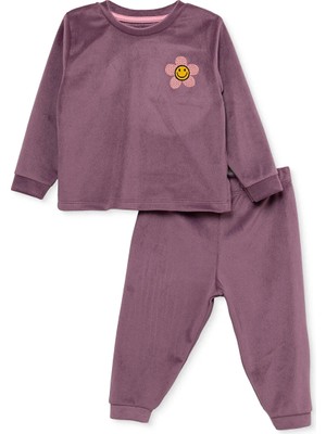 Hellobaby Kız Bebek Kadife Pijama Takımı Çiçek Baskılı Çıtçıtlı Bisiklet Yaka Uzun Kol Ribanalı