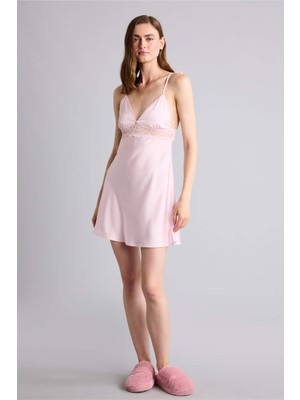 DeFacto Regular Fit V Yaka Saten Askılı Açık Pembe Gecelik H0364AX26SM