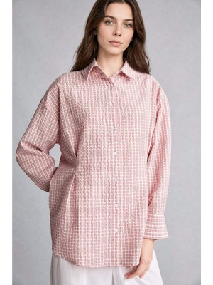 DeFacto Regular Fit Kareli Kırışık Dokulu Kumaş Uzun Kollu Mercan Renk Tunik H9357AX26HS
