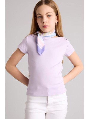 DeFacto Slim Fit Kayık Yaka Ribana Kısa Kollu Leylak Tişört Kız Çocuk G1147A826SM