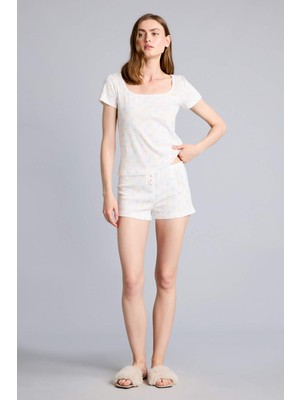 DeFacto Regular Fit Bisiklet Yaka Kısa Kollu 2'li Ekru Şortlu Pijama Takım H6325AX26SM