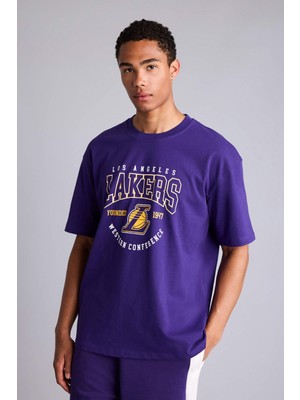 DeFacto %100 Pamuk NBA Los Angeles Lakers Lisanslı Overshirt Fit Kısa Kollu Mor Tişört H3395AX26SM