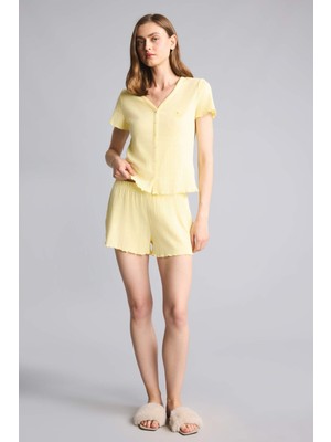 DeFacto Regular Fit Kısa Kollu 2'li Açık Sarı Pijama Takım H7072AX26SM