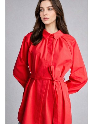 DeFacto %100 Pamuk Relax Fit Poplin Uzun Kollu Kırmızı Tunik G7704AX26SP