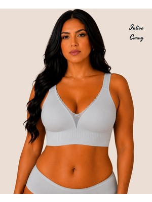 Intive Lingerie Intive Curvy Önü Transparan Güpür Dantelli V Yaka Dikişsiz Büyük Beden Sütyen (Xl-4xl)