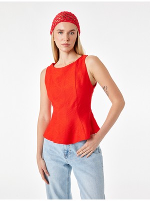 Koton Viskon Kumaş Floral Dokulu Kolsuz Bisiklet Yaka Peplum Bluz