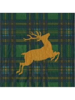 Caspari Reindeer Tartan Green Cocktail Napkins - Includes 20 Cocktail Napkins