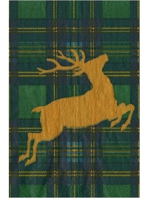 Caspari Reindeer Tartan Green Cocktail Napkins - Includes 15 Cocktail Napkins