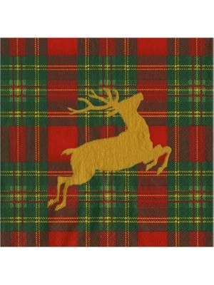 Caspari Reindeer Tartan Red Cocktail Napkins - Includes 20 Cocktail Napkins