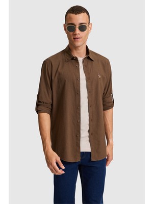 U.S. Polo Assn. Erkek  Keten Karışımlı Kahverengi Uzun Kollu Basic Gömlek 50320262-VR029