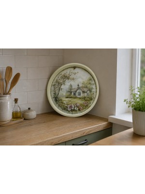 Zucci Home English Vintage Büyük Çay Servis Tepsisi | Country Cottage | Yuvarlak Büyük Sunum Tepsisi - 36X36 cm