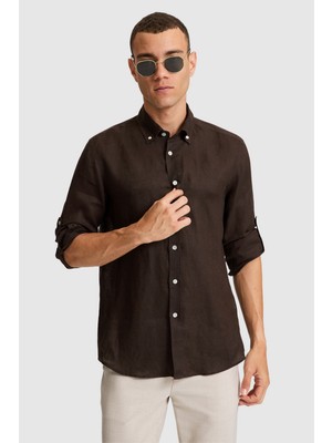 U.S. Polo Assn. Erkek Koyu Kahverengi Keten Uzun Kollu Gömlek 50319065-VR084