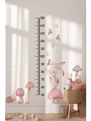 Msticker Sevimli Tavşan Boy Ölçer Duvar Sticker Seti 29 Parça | Çocuk Odası Boy Cetveli | Pastel Pembe Tavşan