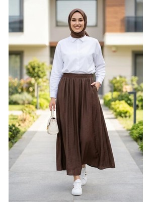 Harma Time Butik Kadın Beli Lastikli Çilek Kumaş Kahverengi Etek