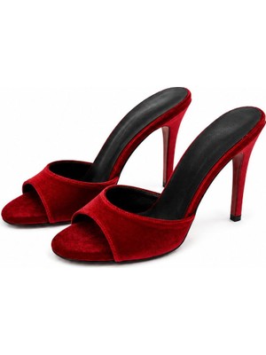 Meril Shoes Scarlet Kırmızı Kadife Ince Topuklu Kadın Terlik