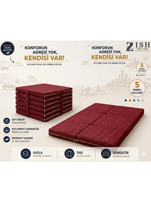 Zish Home Multipurpose 5 In 1 Bordo Çift Kişilik Katlanır Süngerli Misafir Yer Yatağı ve Balkon Minderi 7cm