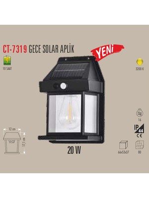 Cata CT-7319 20W Gece Solar Aplik 3200K Güneş Enerjili