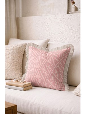 Hanna Home Saçaklı Kırlent Kılıfı Pastel Pembe Geometrik Desenli Koltuk Takımı Aksesuarı Saçaklı Yastık Kılıfı 43X43 cm