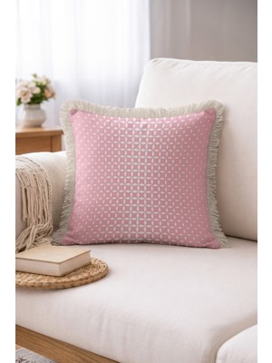 Hanna Home Saçaklı Yastık Kılıfı Pastel Pembe Dekoratif Geometrik Kırlent Kılıfı Salon Koltuk Yastığı 43X43 cm