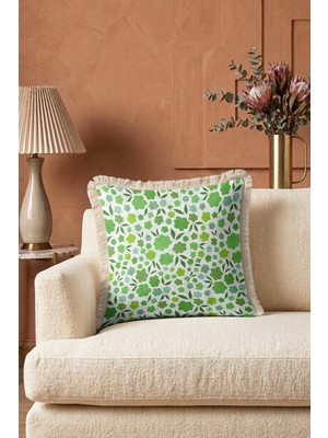Hanna Home Saçaklı Kırlent Kılıfı Kırlent Kılıfı Yeşil Çiçekli Oturma Odası Kırlenti Saçaklı Yastık Kılıfı 43X43 cm